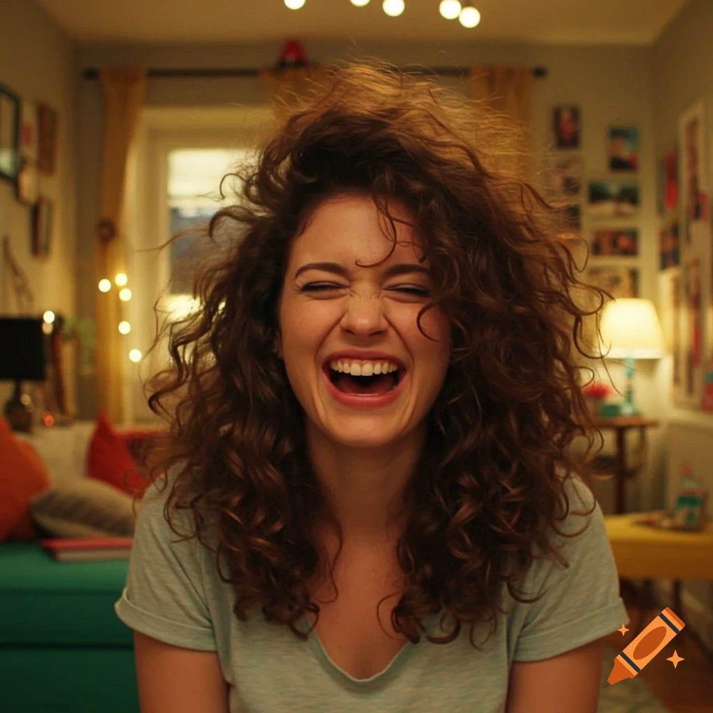 A young woman with messy brown curly hair laughs heartily with her eyes squeezed shut, in a warm, lit room.