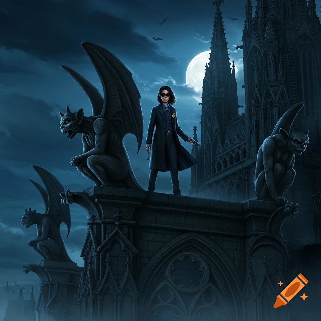 A dark digital painting of a woman in a trench coat holding guns, standing on a gothic cathedral with gargoyles under a full moon.