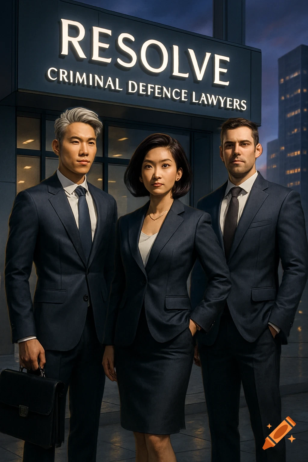Three professional lawyers in suits standing in front of a modern building with a sign that reads 'RESOLVE CRIMINAL DEFENCE LAWYERS'.