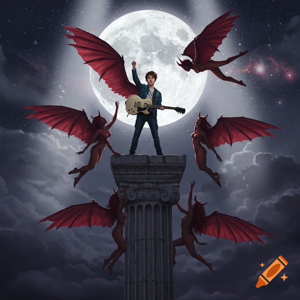 A man with brown hair and a guitar stands on a stone pillar under a full moon, surrounded by red-winged succubi flying and climbing around him in a dark, starry night sky.