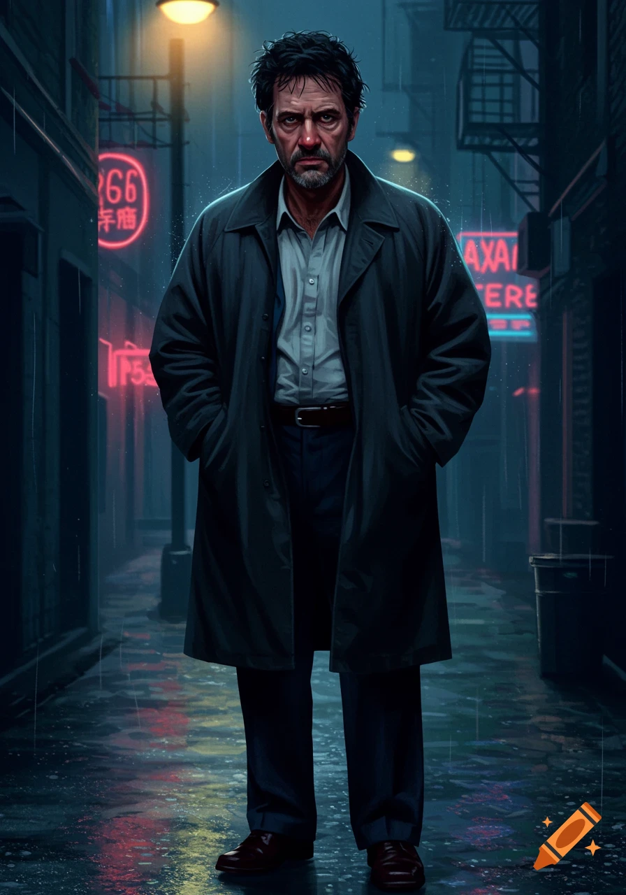 A scruffy detective with a red nose and messy hair stands in a dark, rainy alley, lit by streetlights and neon signs.