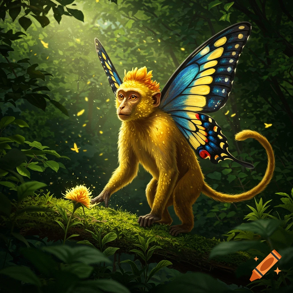 A golden-furred monkey with large blue and yellow butterfly wings stands on a mossy log in a sun-dappled jungle, reaching towards a yellow flower.