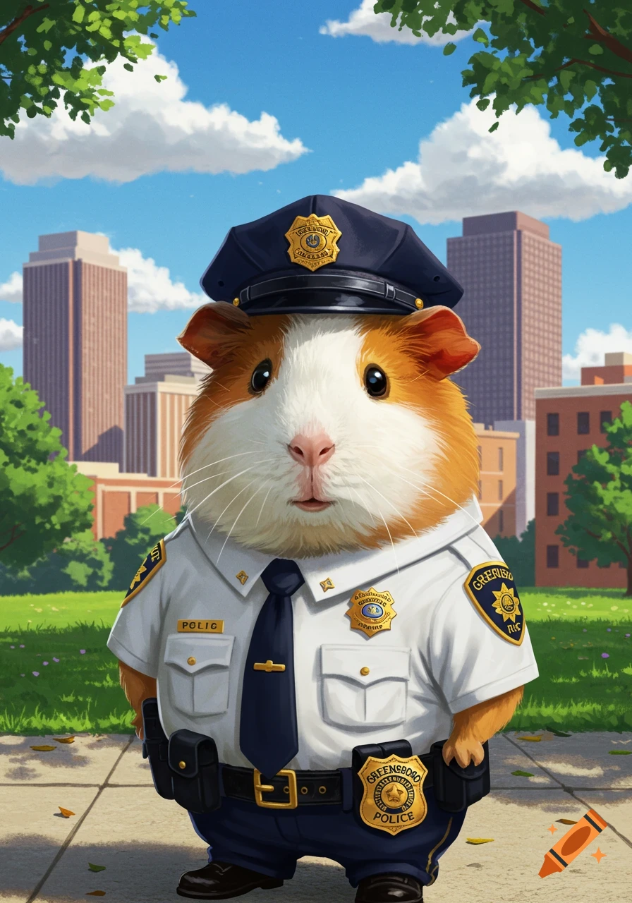 A cute guinea pig dressed as a police officer stands in a city park with buildings in the background.
