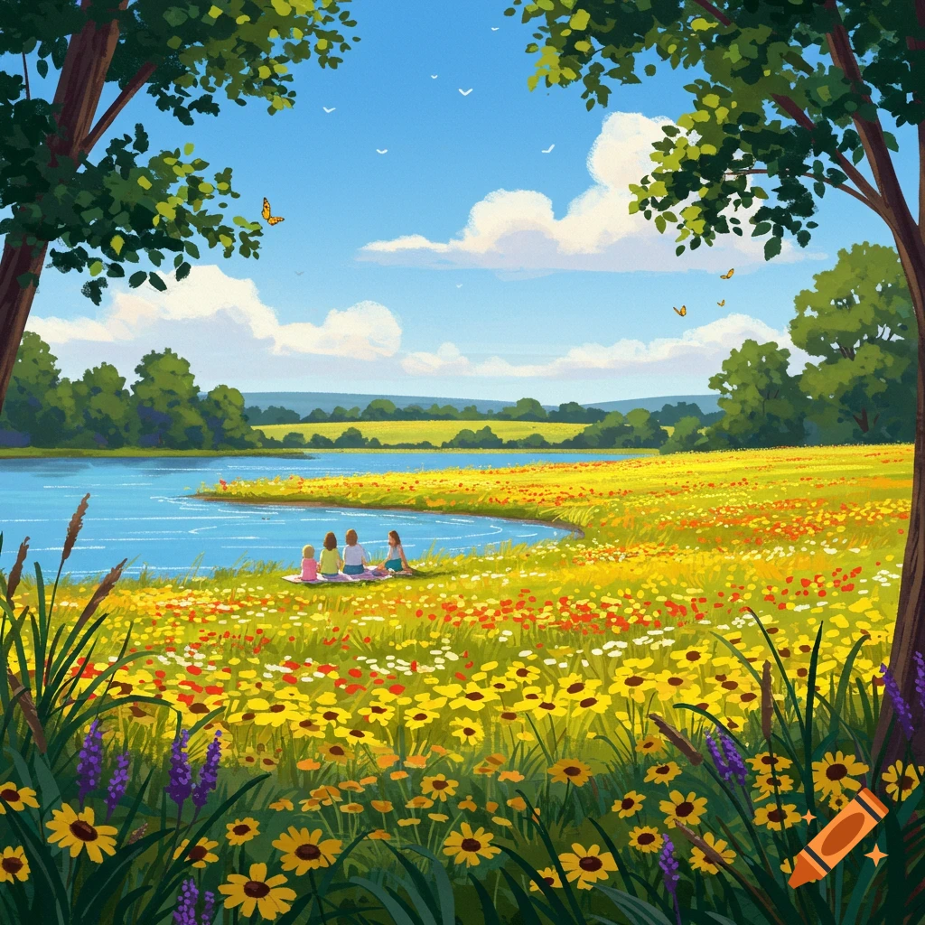 An illustrative painting of a family having a picnic by a lake in a vibrant field of yellow and red wildflowers under a clear summer sky.