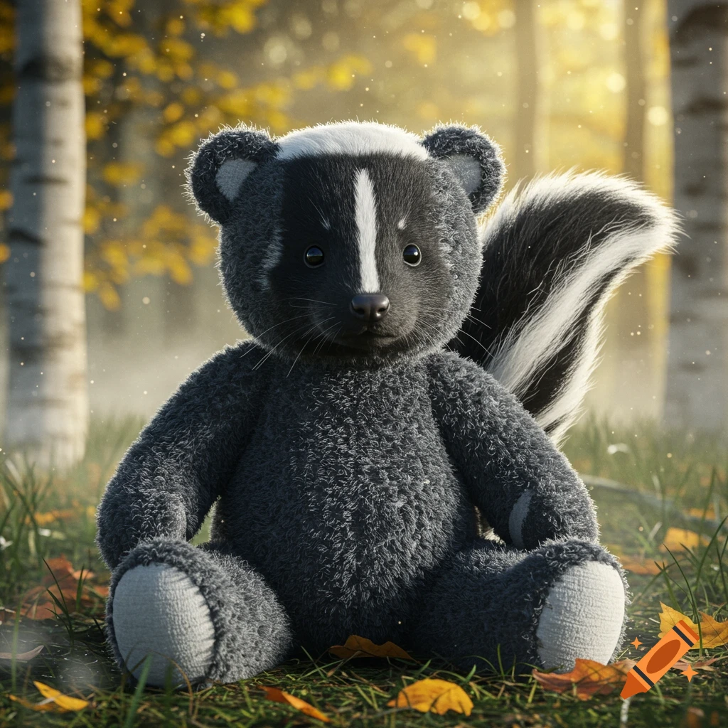 A cute, realistic-looking skunk teddy bear sits in a sunlit autumn forest with fallen leaves.