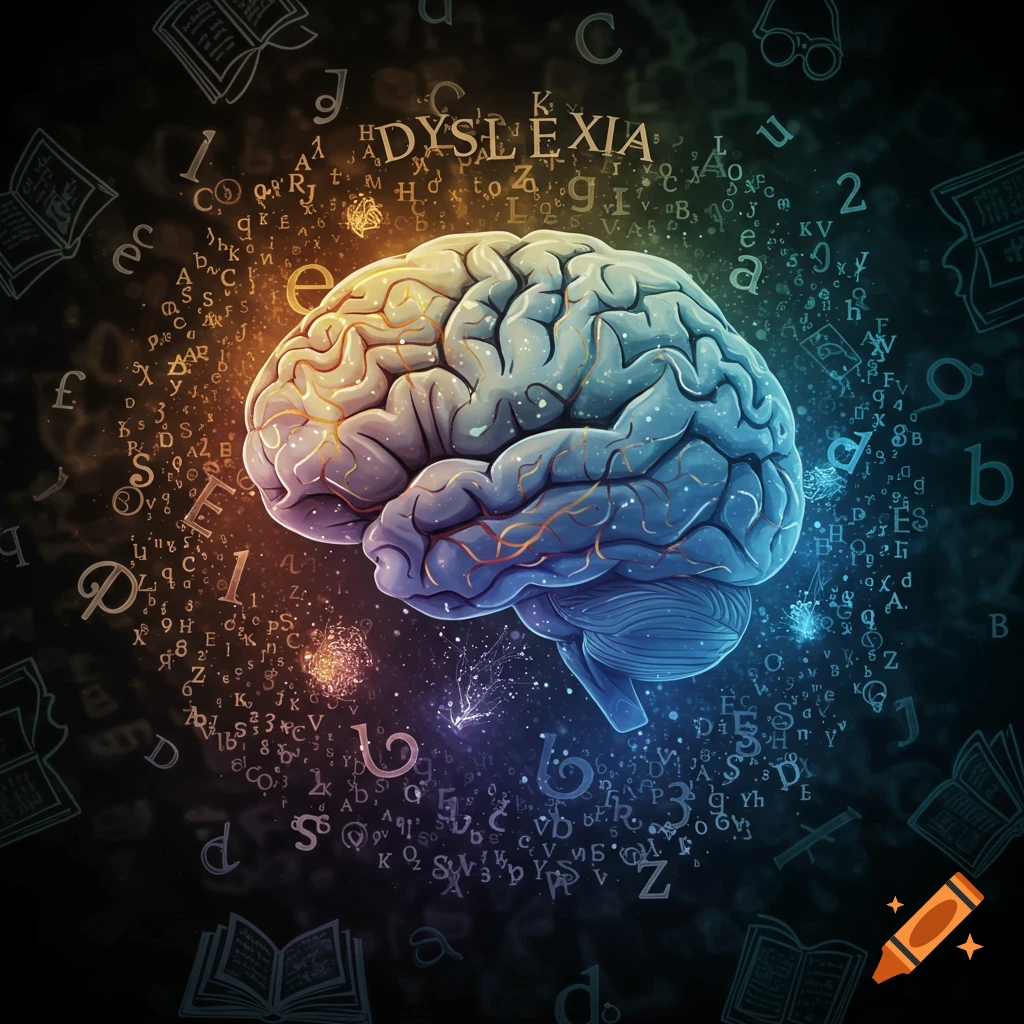 An illuminated human brain with one side glowing orange and the other blue, surrounded by scattered letters and numbers, with the word DYSLEXIA prominent at the top.