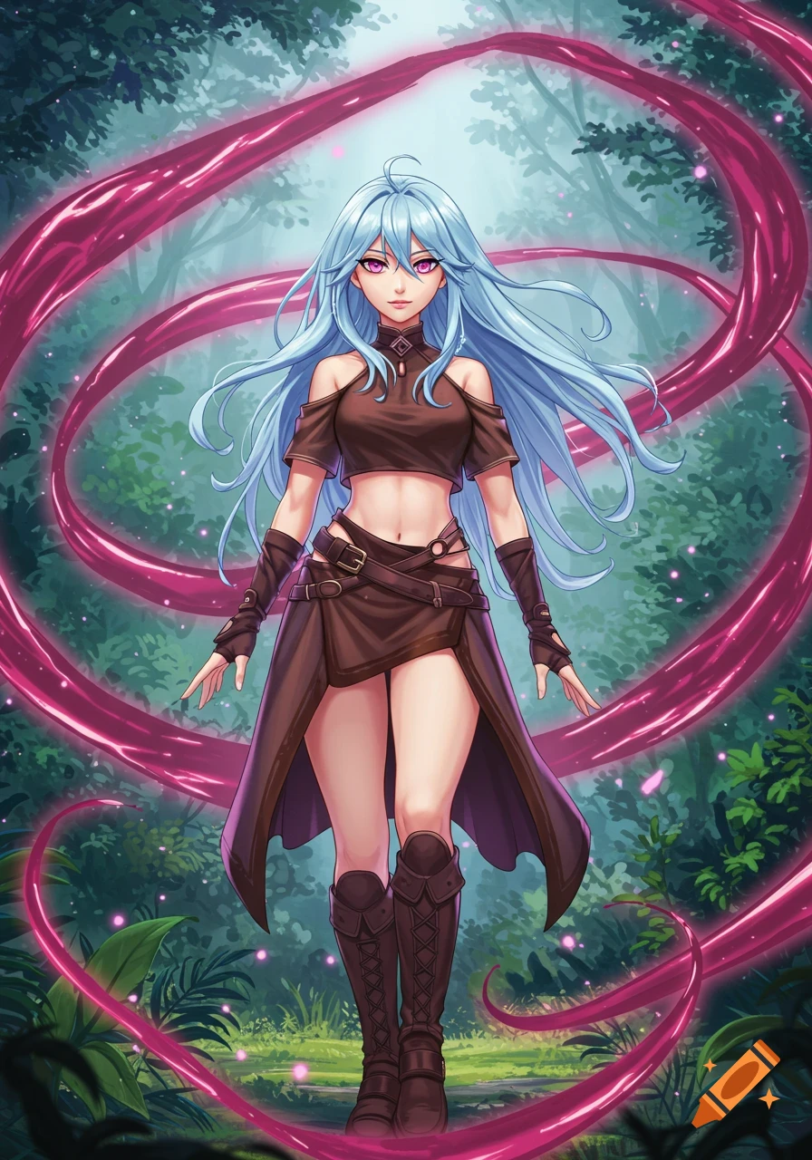 An anime woman with light blue hair and pink eyes in a brown outfit stands in a magical forest with glowing pink tendrils.