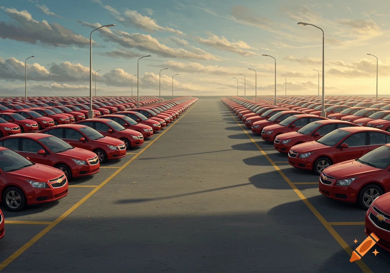A vast outdoor parking lot is filled with rows of red 1st generation Chevrolet Cruze cars under a cloudy sky.