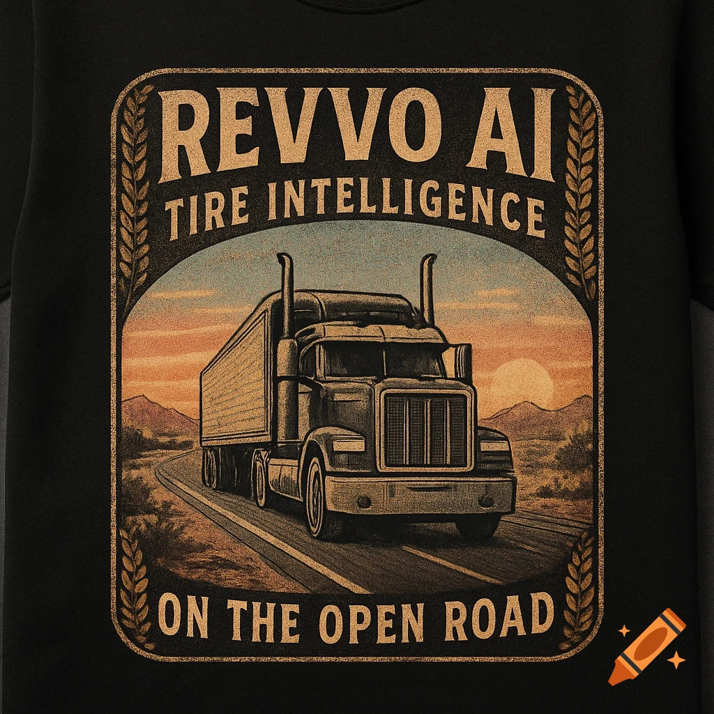 Vintage T-shirt design featuring a semi-truck on a highway at sunset with 'REVVO AI TIRE INTELLIGENCE ON THE OPEN ROAD' text.