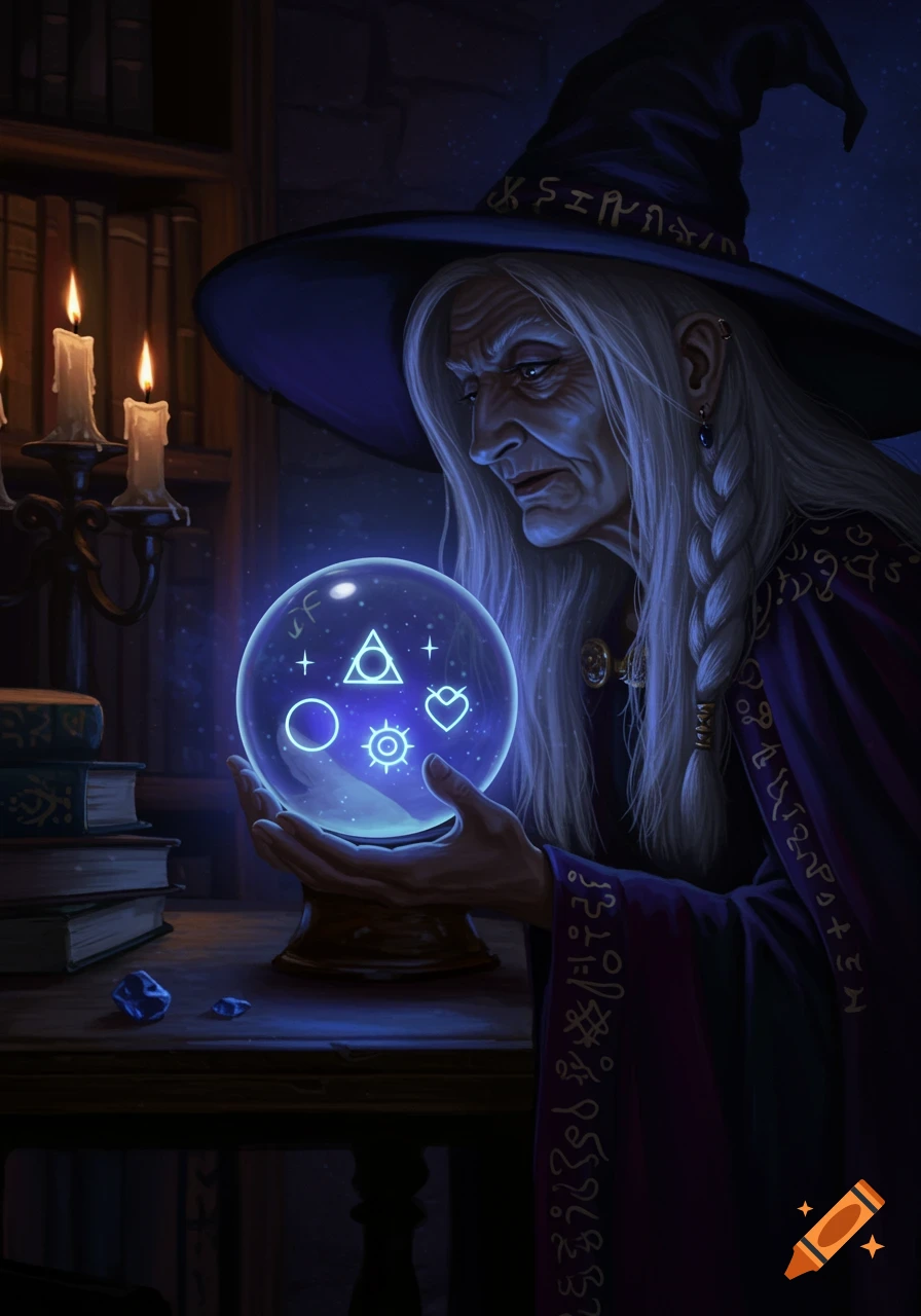 An old witch with long white hair gazes intently into a glowing crystal ball displaying mystical symbols.