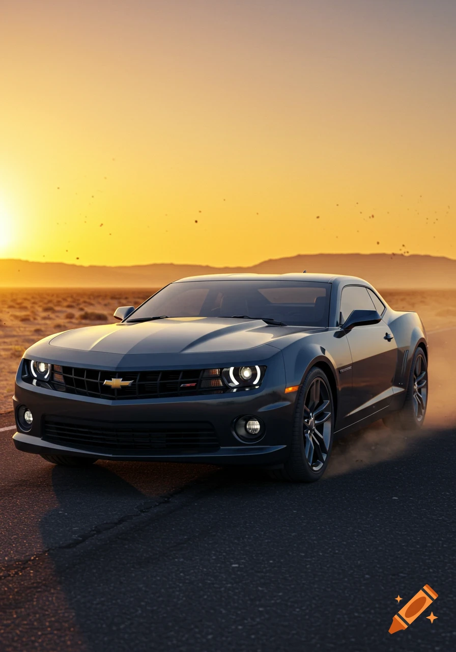 A dark grey Chevrolet Camaro drives on a desert road at sunset.