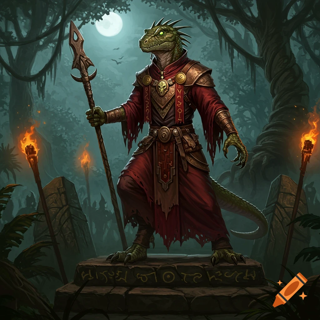 A green lizardfolk cultist in red robes stands on a stone pedestal holding a spear in a moonlit jungle setting with torches.