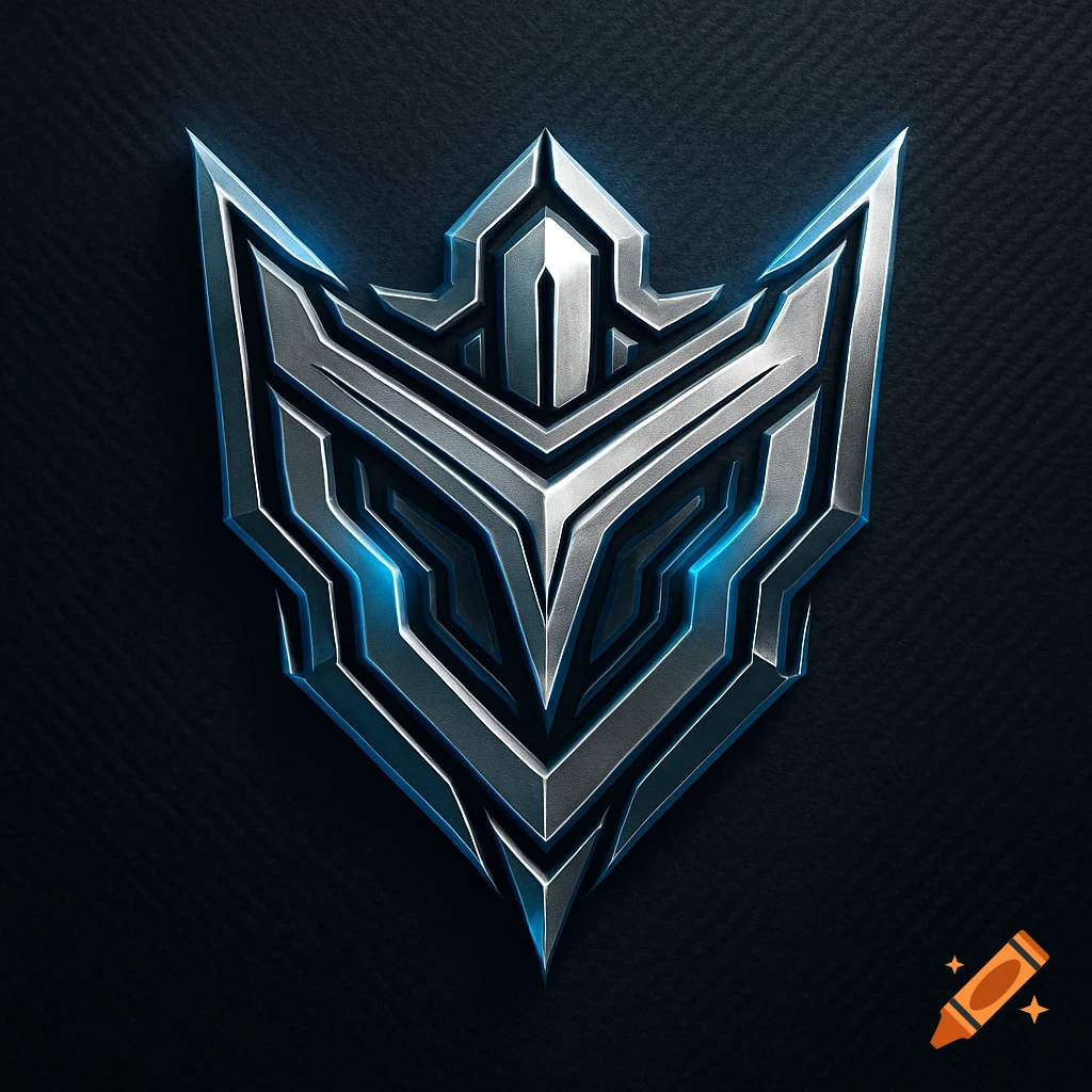 A metallic gaming logo with sharp geometric shapes and blue glowing accents on a dark textured background.
