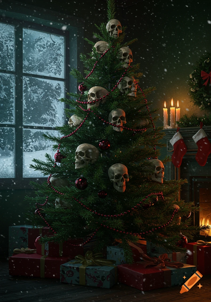 A Christmas tree decorated with human skulls and red ornaments, with presents underneath, in a dimly lit room with a snowy window.