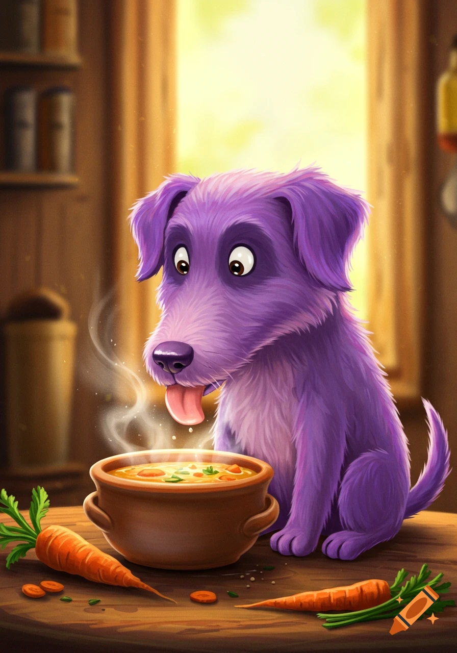 A cartoon purple dog eagerly looks at a steaming bowl of soup with carrots on a wooden table.