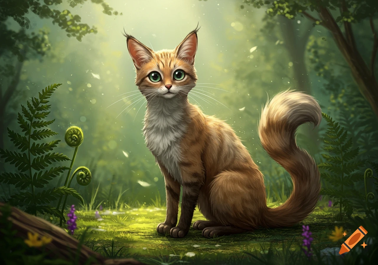 A brown and gray cartoonish cat with large green eyes sits in a sunlit magical forest.