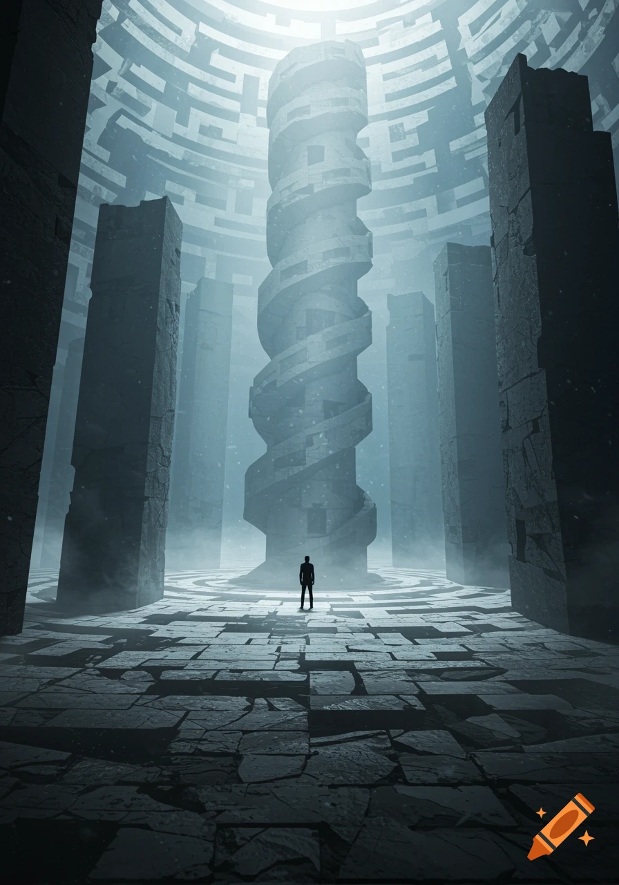 A lone figure stands in a vast, dark, circular stone chamber featuring a central spiral tower and towering pillars, lit from above.