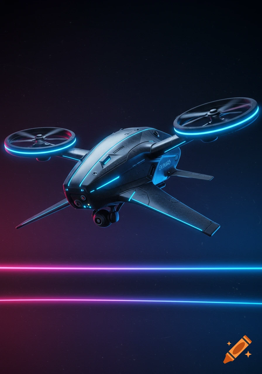 A highly detailed concept of a futuristic VTOL drone with glowing blue LED strips against a dark background with pink and blue neon lines.