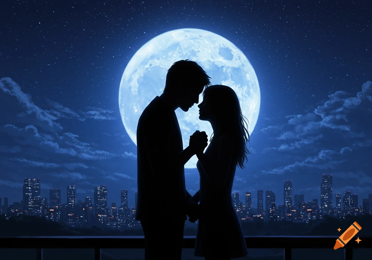 An illustrated silhouette of a couple embracing under a large, bright full moon, with a detailed cityscape in the background at night.