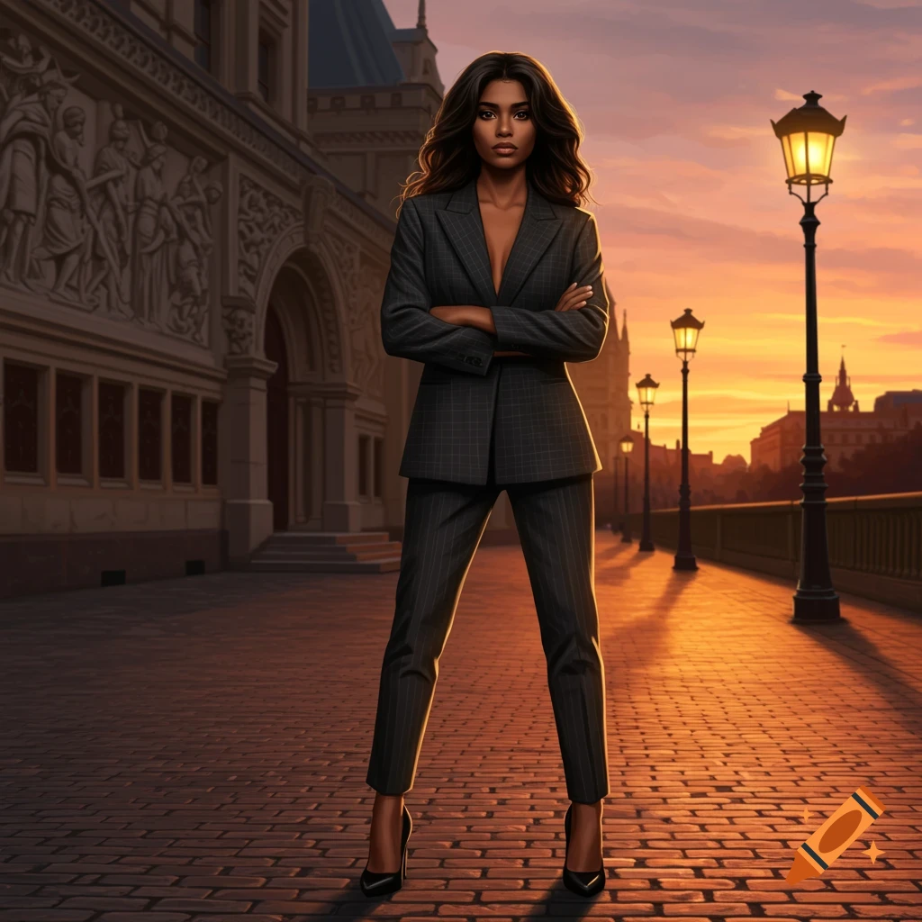 A woman in a dark gray suit stands with arms crossed on a cobblestone street at sunset, a classical building and streetlights behind her.