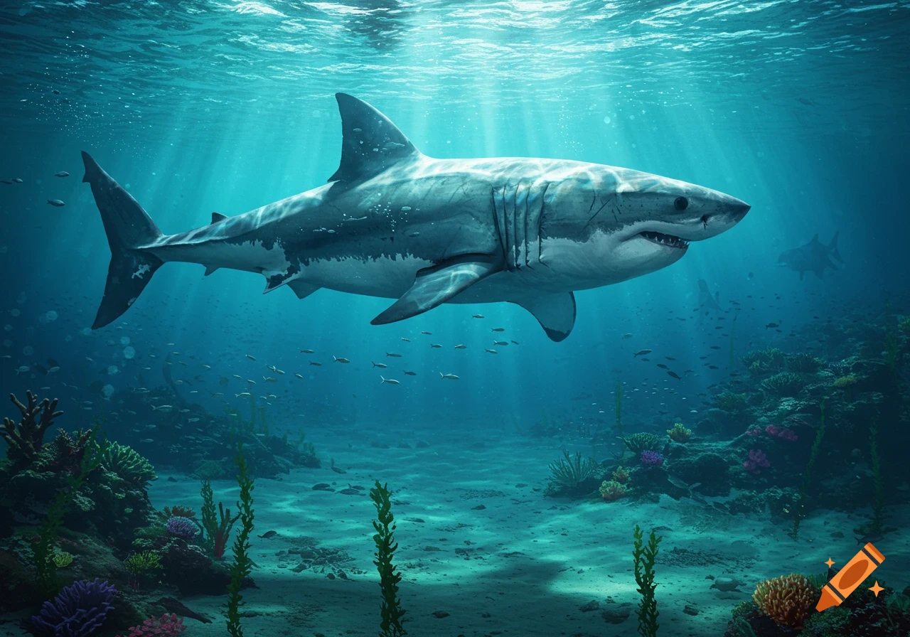 A large photorealistic great white shark swims through sunlit blue ocean waters near a coral reef and schools of fish.