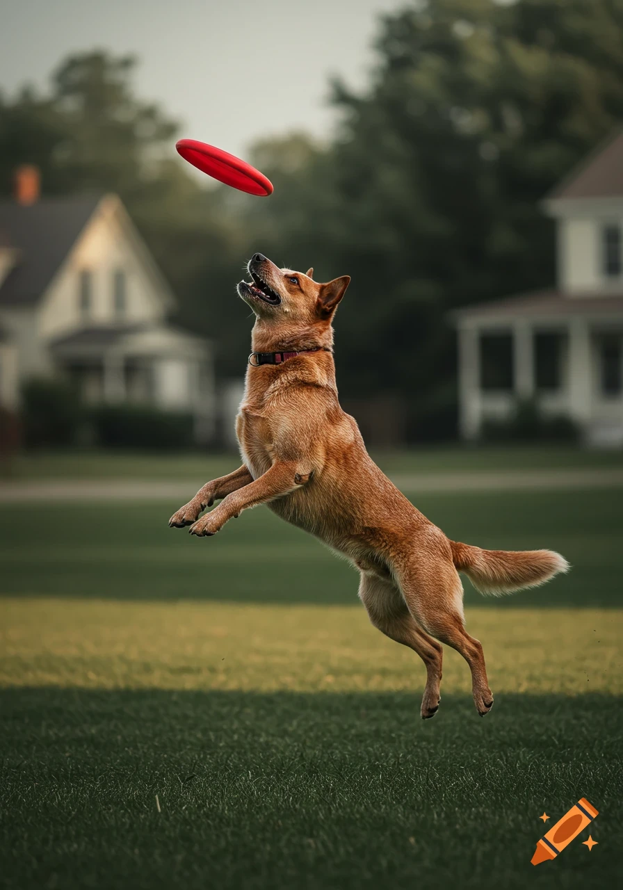 A red heeler dog leaps in the air, reaching for a red frisbee in a grassy field with blurred houses in the background.
