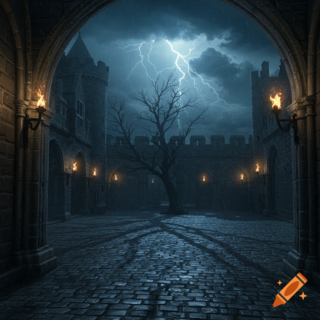 A dark, moody medieval castle courtyard at night during a rainstorm, with lightning striking the sky above a bare tree.