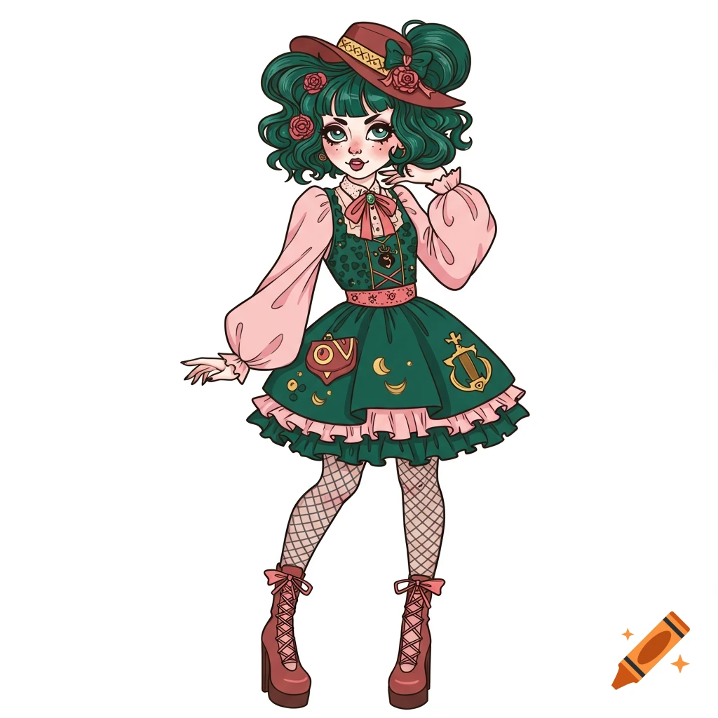 A full-body illustration of a woman with green hair and a red hat, wearing a green dress and fishnet stockings.
