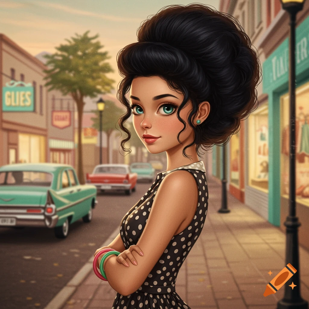 A stylized illustration of a girl with a beehive hairstyle in a retro street scene with classic cars.
