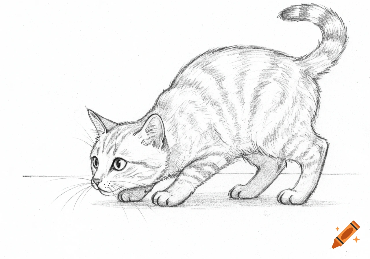 A detailed pencil sketch of a tabby cat in a crouching, playful stance, looking intently forward.