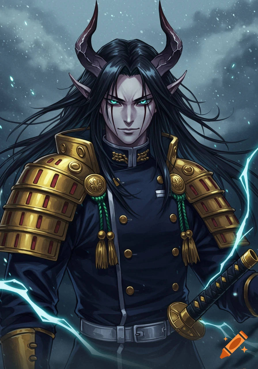 An anime male character with long black hair, demon horns, and glowing turquoise eyes, wearing a dark military uniform with gold samurai-style armor, with lightning around him.