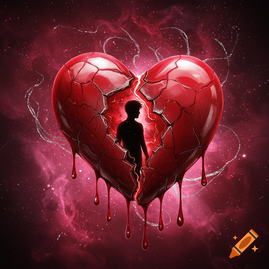 A vibrant red broken heart dripping, with a dark silhouette of a man inside, against a pink cosmic background.