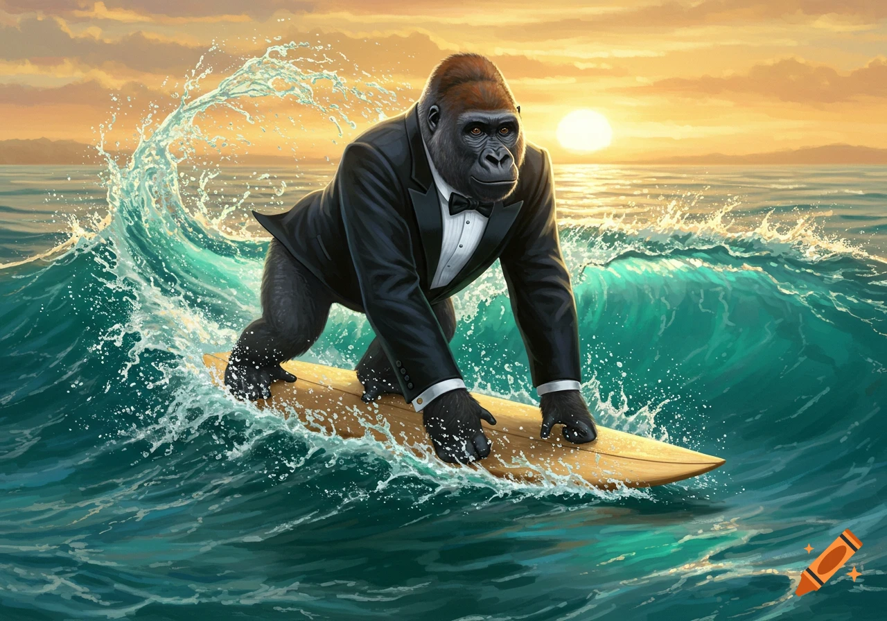 A gorilla in a black tuxedo surfs a large teal wave at sunset in an illustrative style.