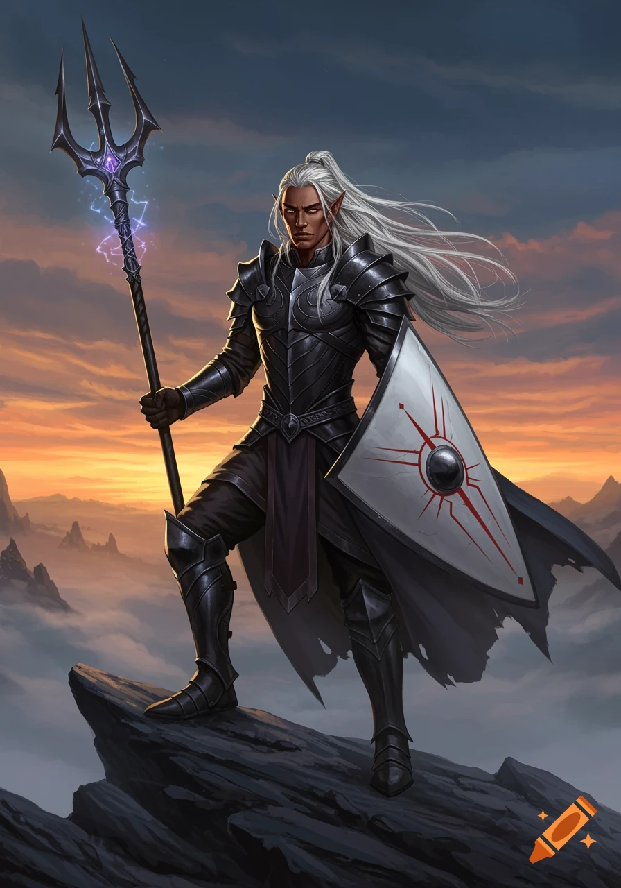 A tall, lean male elf with dark skin, long silver hair, and black armor stands on a rocky peak, holding a trident and a white shield with a red sunburst design.