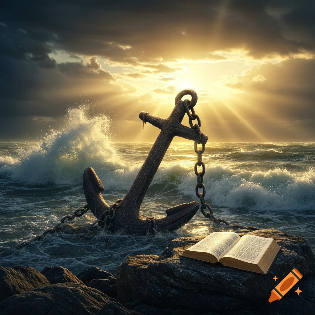 A large anchor stands in a stormy sea under sun rays, with an open bible on a rock in the foreground. Photorealistic.