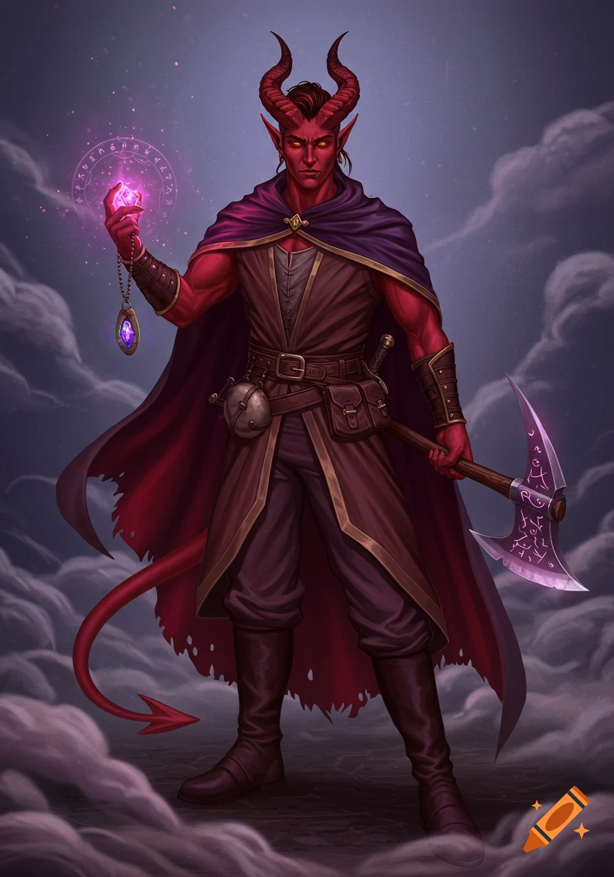 A red-skinned male Tiefling with horns and a tail, wearing a dark cape and leather armor, holding a glowing purple orb and an axe, standing in a cloudy, dark setting.