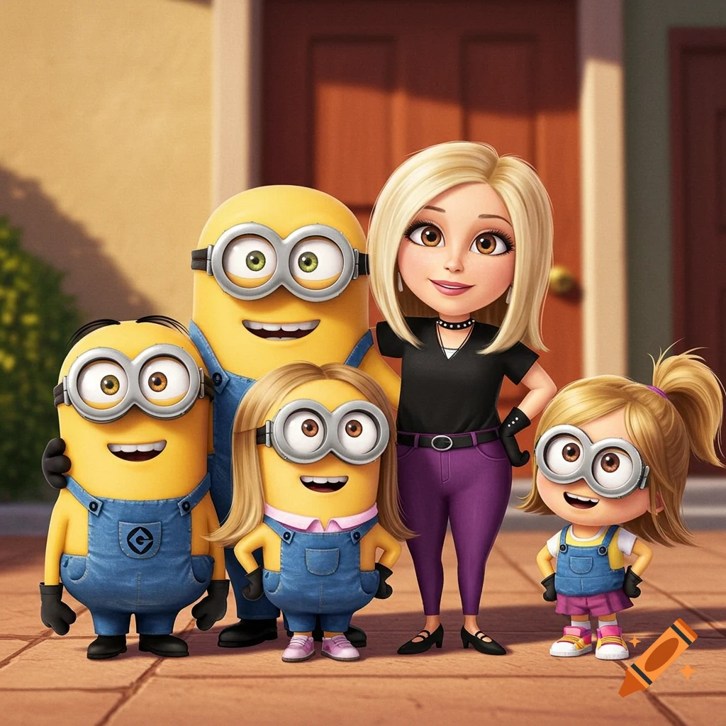 A cartoon family portrait featuring two adult Minions, a human-like woman, and two child Minions, standing together in front of a house.