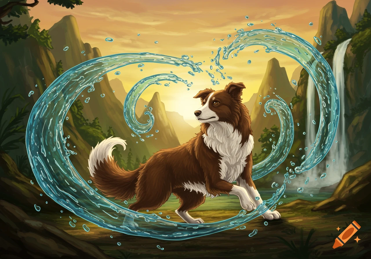 Animated brown and white Border Collie bending swirling water in a mountainous landscape with a waterfall at sunset.