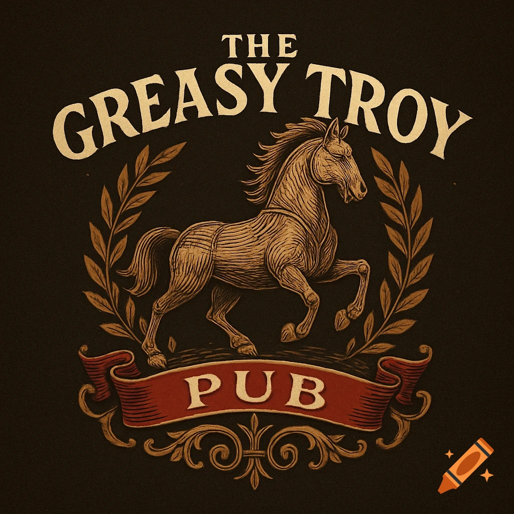 Vintage-style pub logo for The Greasy Troy featuring a horse, laurel wreath, and banner.