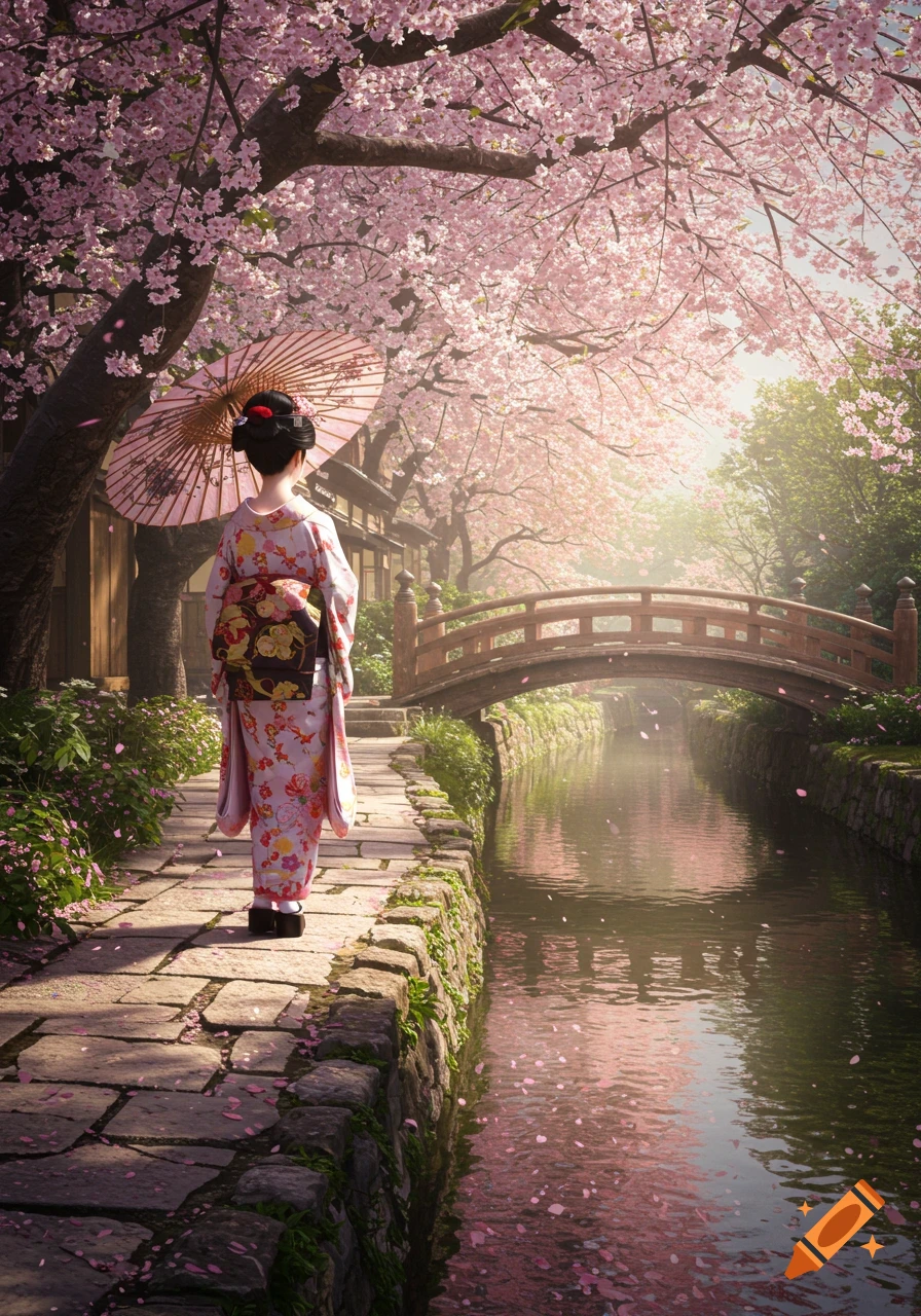 A woman in a traditional kimono walks along a stone pathway beside a canal lined with pink cherry blossom trees. A traditional wooden bridge crosses the canal in the distance.