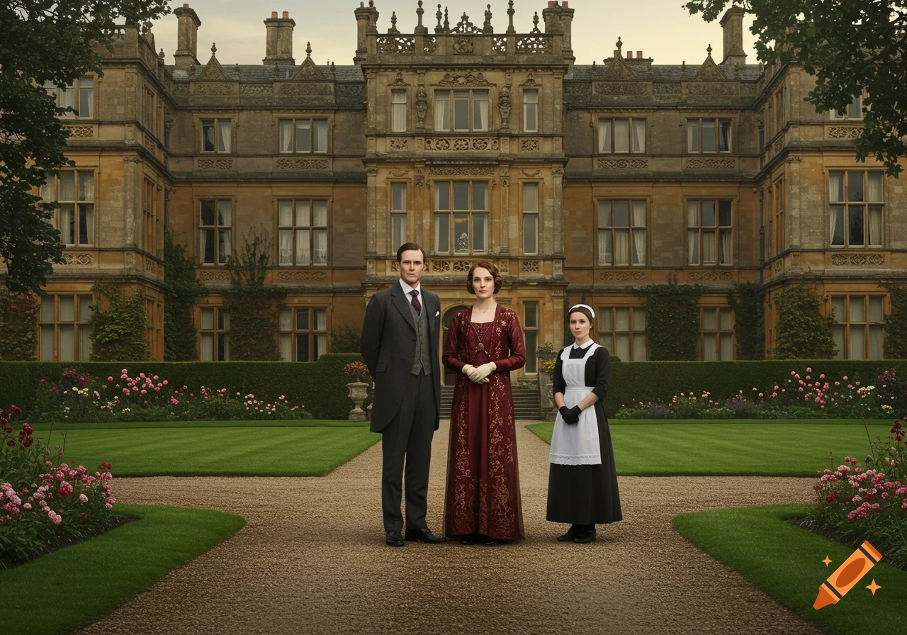 A man, woman, and maid stand on a gravel path in front of a grand manor with manicured lawns and gardens.