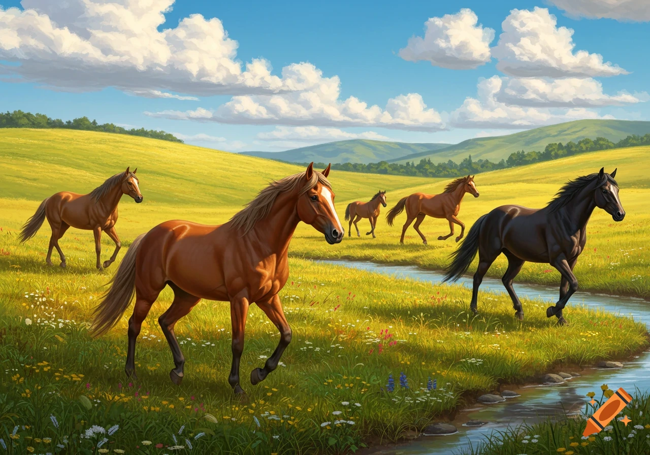 Horses graze and walk through a vibrant green pasture with a stream under a blue sky.