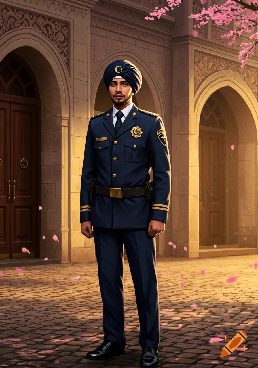 A man in a dark blue security uniform with a turban stands in front of a building with arches and pink petals.