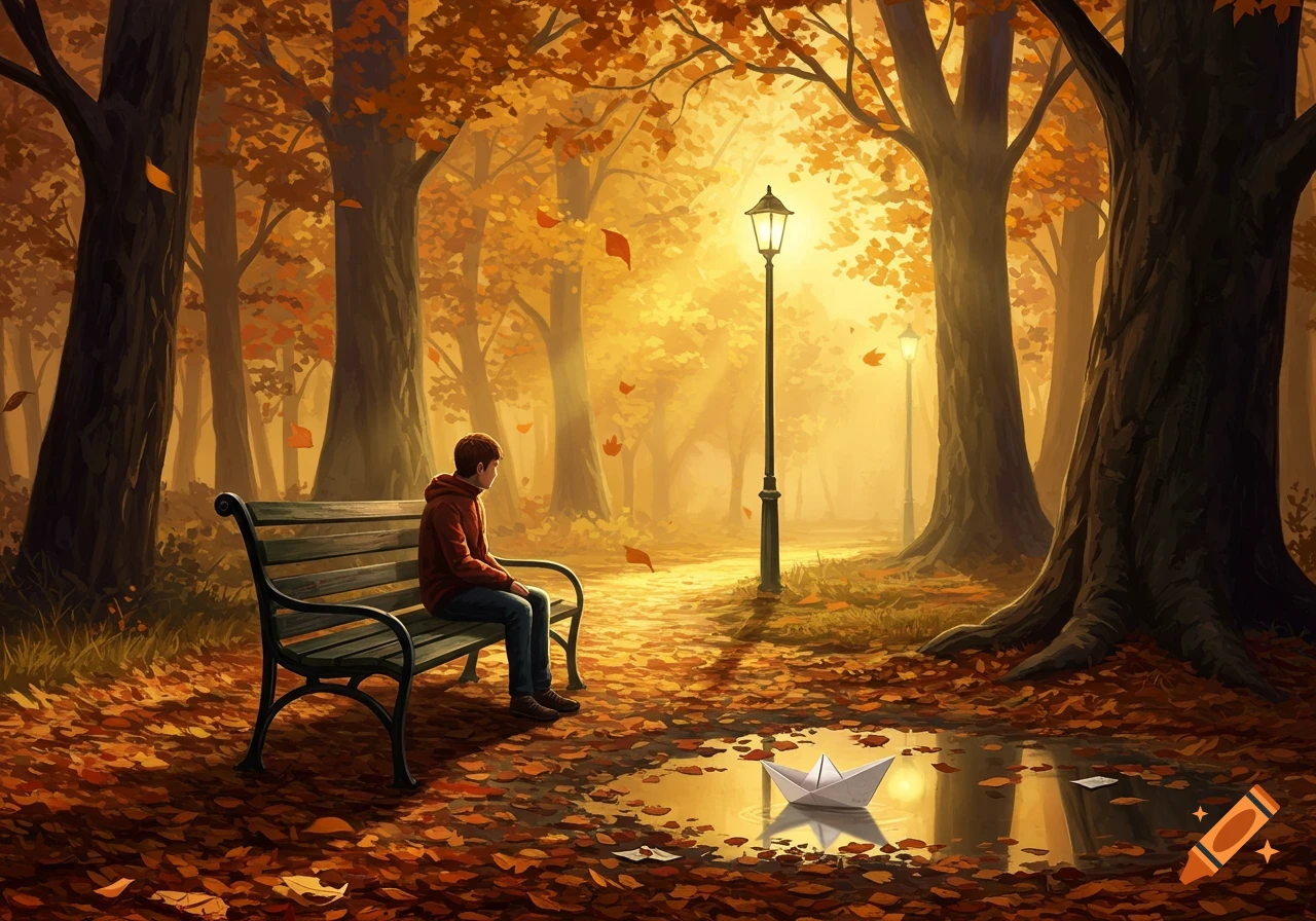 A person sits on a park bench amidst fallen autumn leaves, with a paper boat floating in a puddle nearby under warm light.