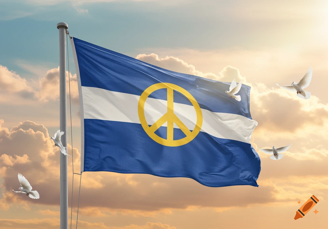 A blue and white flag with a yellow peace symbol waves against a golden sunset sky with several white doves flying.