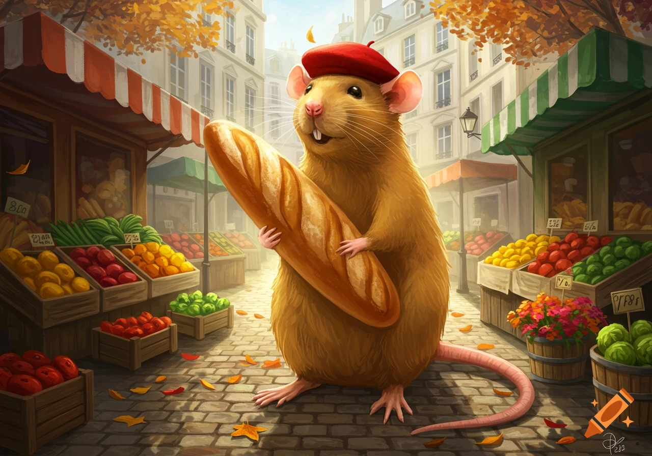 A giant anthropomorphic rat in a red beret holds a baguette in a bustling Parisian market street filled with fruit stalls.