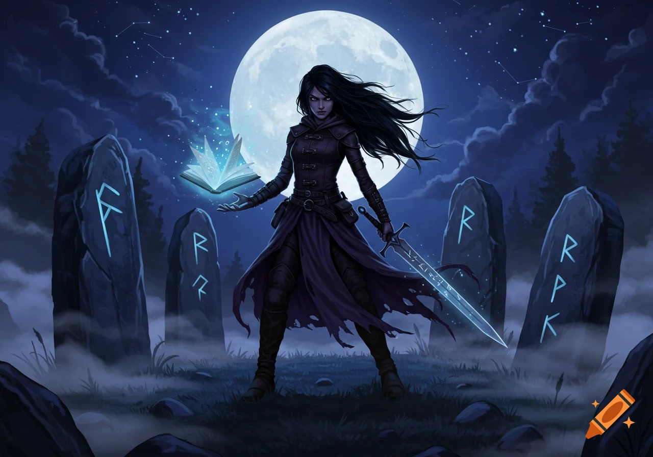 A dark-haired witch with a glowing book and sword stands among rune-carved stones under a full moon in a foggy forest.