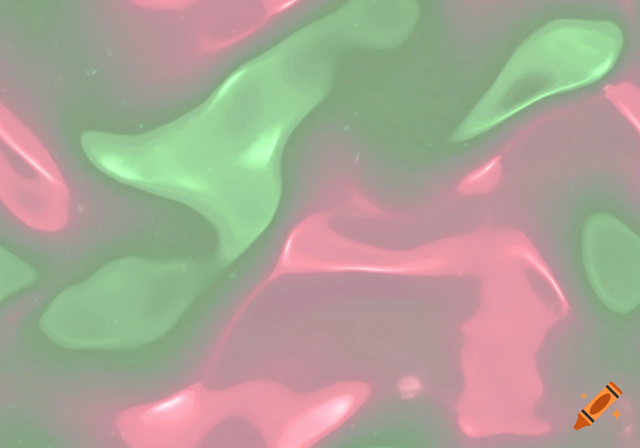 An abstract, flowing pattern of shiny, liquid-like shapes in shades of pink and light green, resembling an iridescent texture.