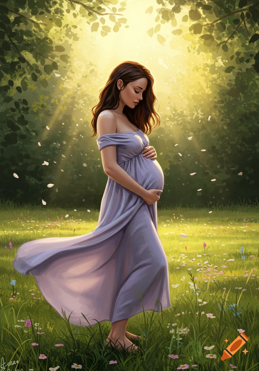 A pregnant woman in a lavender dress stands in a sunny meadow, gently holding her belly, in a painterly style.