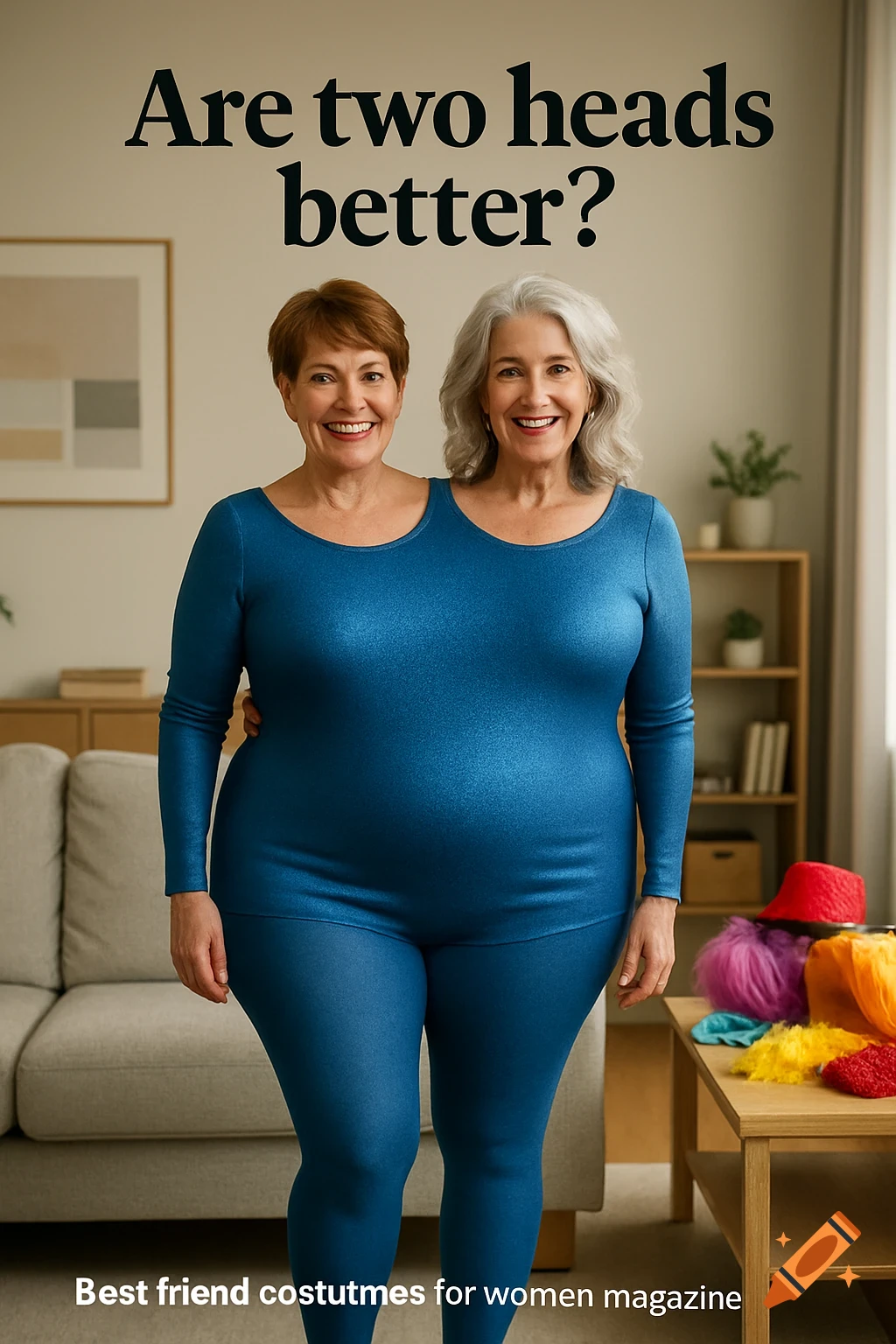 Two smiling mature women, seamlessly merged into one body in a blue long-sleeved leotard and leggings, pose in a living room. Text reads "Are two heads better?" and "Best friend costutmes for women magazine."
